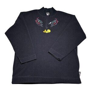Vintage 1999 Looney Tunes Tweety Embroidered Black Fleece 1/4 Zip Sweatshirt XL